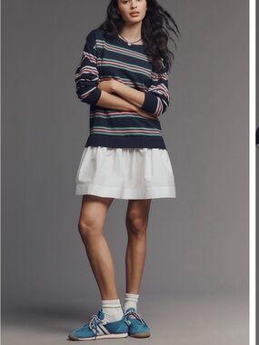 Anthropologie Navy and Pink Striped Long Sleeve Dress by Mauve